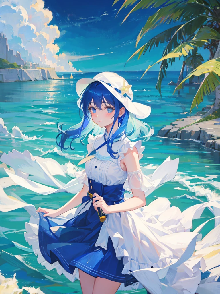 woman, blue hair, white dress, happy, stting down at sea shore