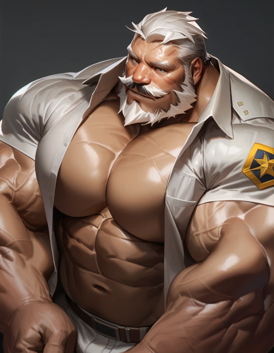 animestyle, solo, 1boy, perfect anatomy, perfect proportion. Huge Muscular Old man  wearing black leather jacket, open jacket, black pants, view from side, pectoral, thick arms, huge pectoral, wide pectoral, short white hair, red beard and hair, simple background, masterpiece, anime:1.2, high detailed, 8k, high resolution, perfect center, full view. ((really big muscle, massive muscular, sixpack, thick arms, wide pectoral, super huge muscle, hyper muscular, over sized muscle, huge arms, big arms, huge pectoral))