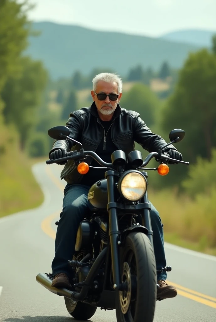 A white man with short white hair, wearing sunglasses, riding a black motorcycle on the road