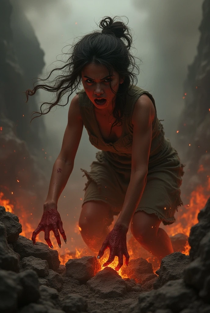 A tanned woman with very long hair stumbles through the streets of a ruined city with a naked upper body, a bleeding gunshot wound in her left shoulder and her body dripping with sweat, which slides down glistening ower her breasts. An automatic rifle in her right hand, full of mud, blood and wounds, and wearing a torn skirt. Explosions and fires ravaged the devastated city everywhere.