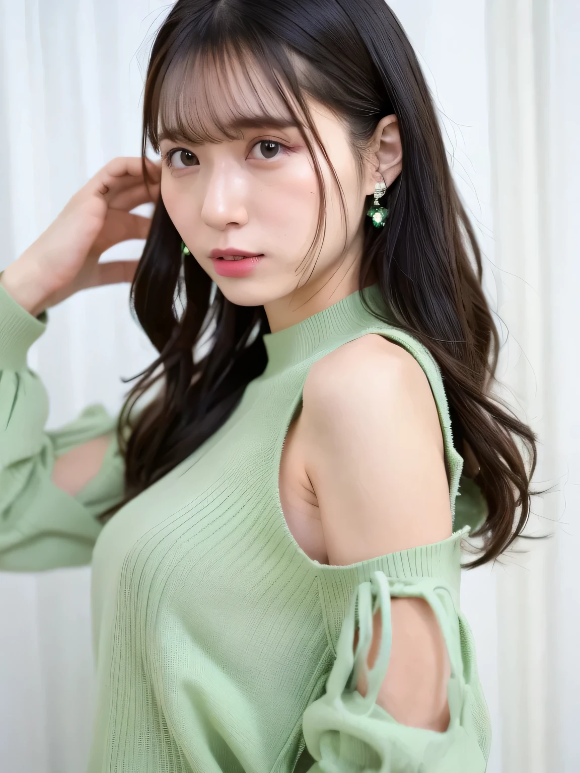 See-through tops、(、Part of her clothes is Mint green:1.4)、white wall、Taken in front of the white door、((highest quality、8k、masterpiece:1.3))、ultra high resolution、(photorealistic:1.4)、raw photos、Japanese,(details face)、real、Shot in natural light、Highly detailed face and skin texture、highly detailed lips、correct state of the human body、medium hair、black hair、various poses、Natural Color Lip, on traffic city