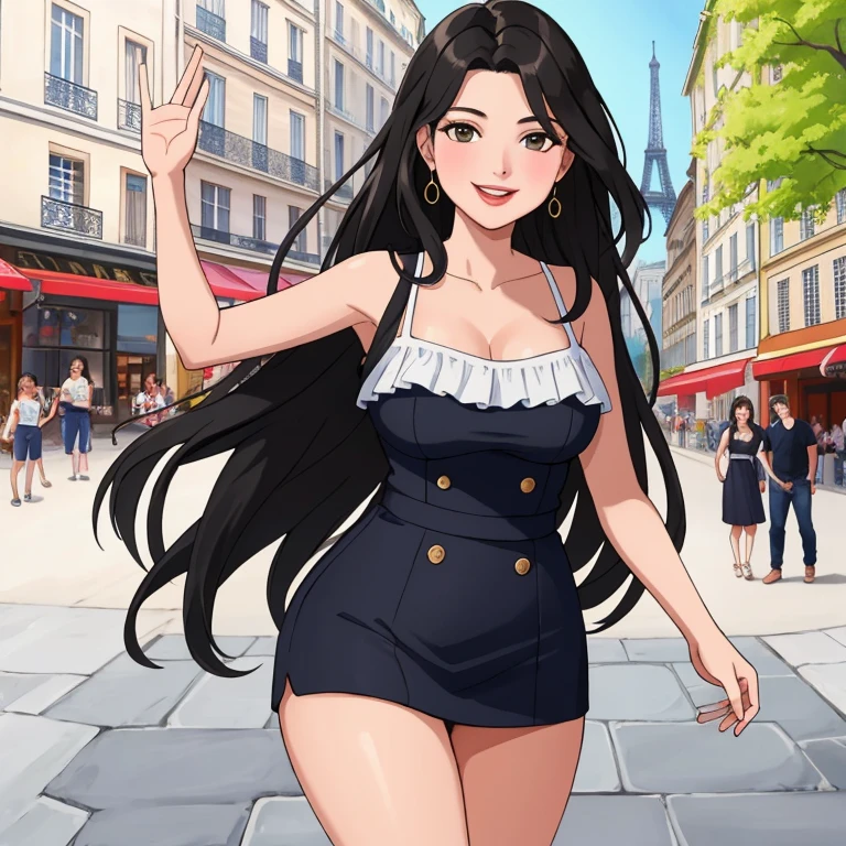 Masterpiece, superior quality, ultra-detailed, 8k drawing under CG unity, a woman looking directly at the observer, summer subject, a charmed and happy look, in the city center of paris, smiling, with long black hair and cowboy style.