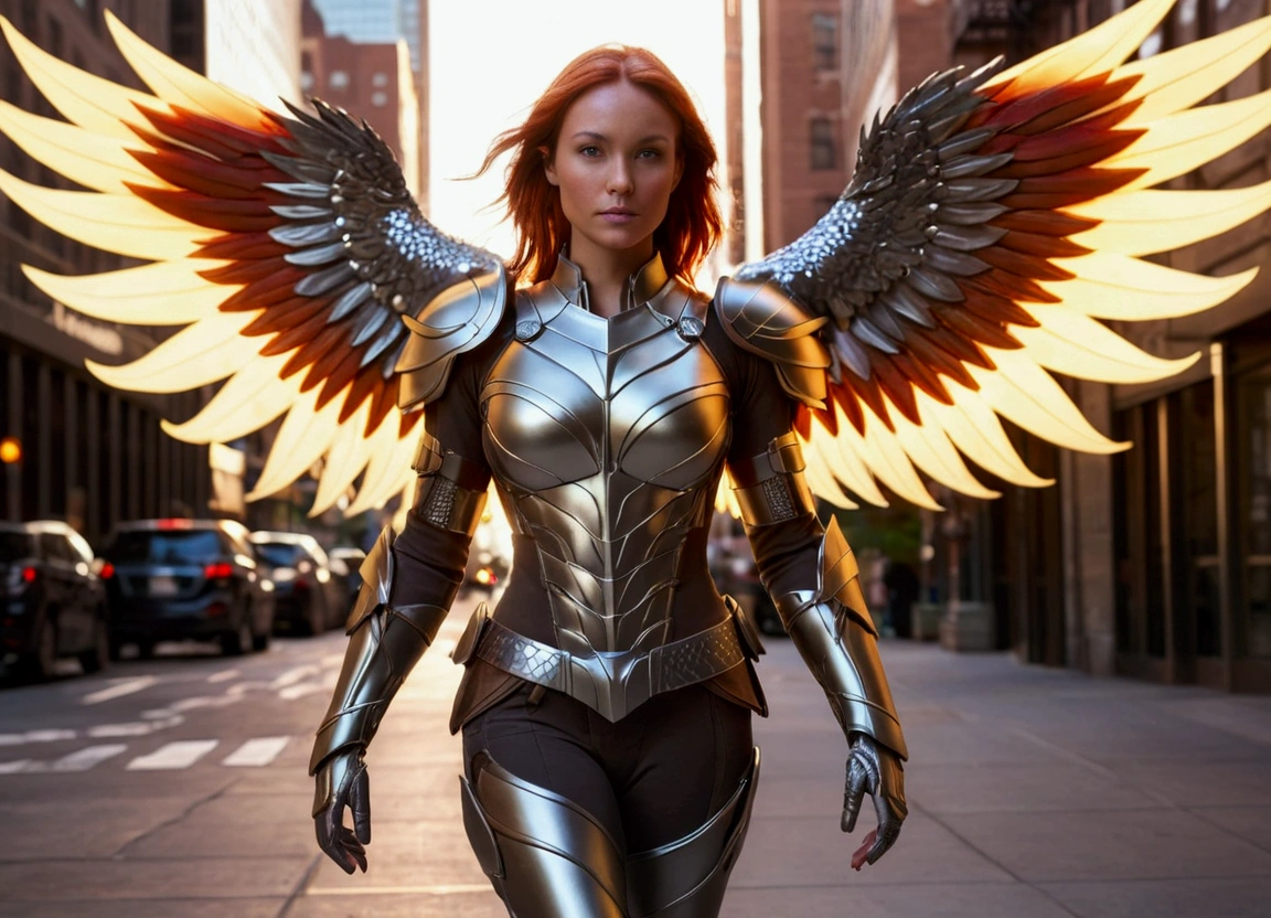 realistic, Full-bodied woman in the city wearing phoenix armor