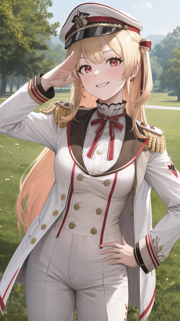 masterpiece, best quality, highres, kanadeyj, long hair, Blonde hair, hair ribbon, hair ornament, ahoge, red eyes, peaked cap, earrings, medium breasts, military uniform, epaulettes, (white shirt:1.2), white sleeves, long sleeves, white pants, cowboy shot, standing, outdoors, salute, hand on hip, smile