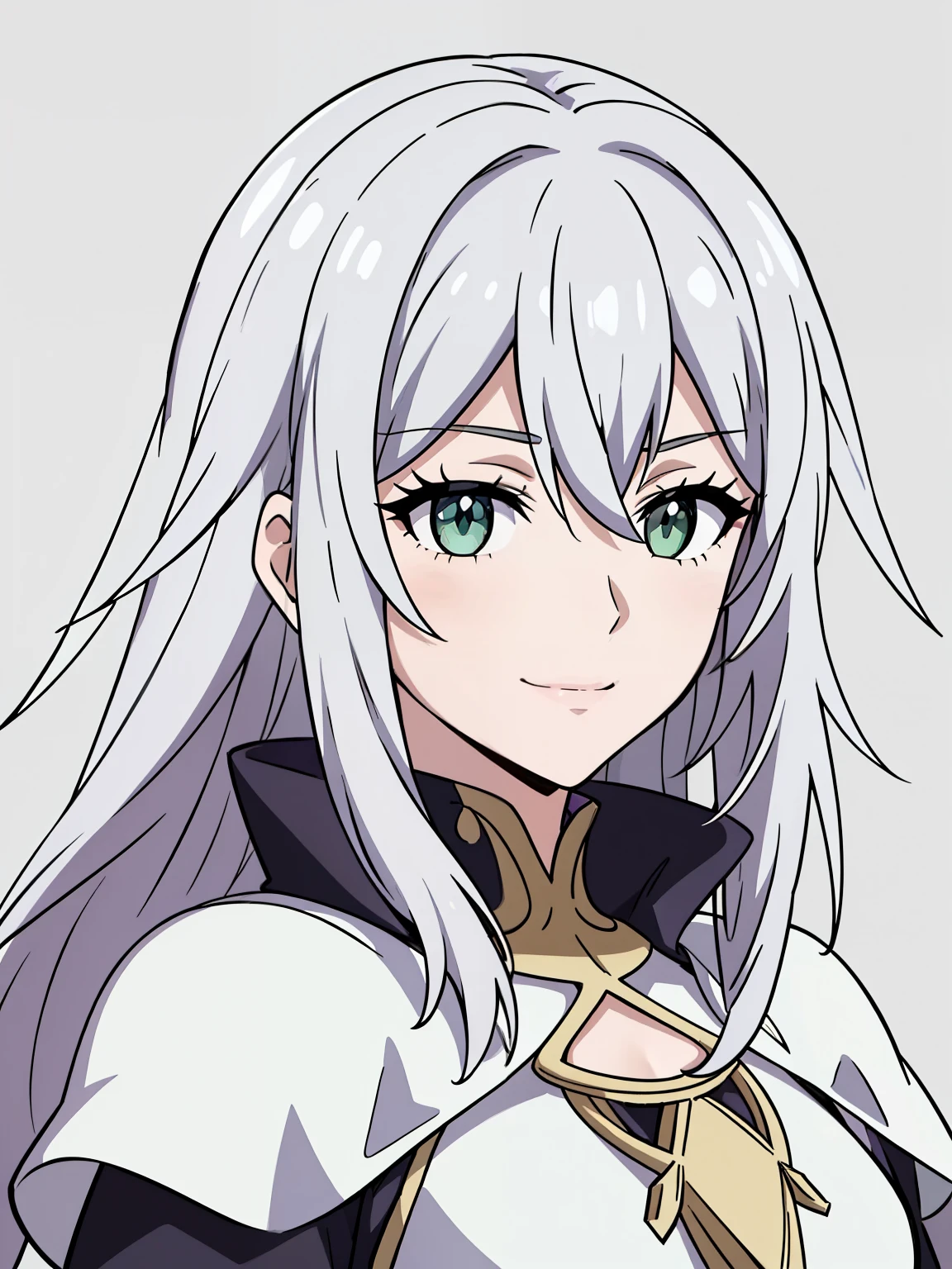 (high-quality, breathtaking),(expressive eyes, perfect face) 1girl, female, portrait, solo, young adult, neutral expression, cute smile, Symmetrical Eyes, Symmetrical ears, grey background, mercenary, gauntlet, cape, long hair, wavy spiky hair, fire emblem three houses art style, white hair, green eyes
