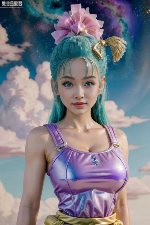 Of course, here is the written prompt :

" A merged character that combines elements of Bulma and Freezer in a pink-golden form,  represented in a 3D anime style .  The character wears a gold metallic Sayayin armor ,  adorned with lace details that give it a real and feminine touch ,  suitable for a queen of the universe .  The armor is elegant and reflective ,  mixing futuristic elements with detailed lace .  The character's expression is confident and powerful ,  with features that combine the charm of Bulma and the intensity of Freezer . } The background presents a cosmic environment with colorful stars and nebulas ,  highlighting the majestic and otherworldly presence of the character ."

 high resolution, looking at viewer, breasts, blush, smile,  Open mouth , twin tails,  very long hair , cabello azul,  high resolution,  masterpiece , necessary,  anatomically correct ,  Awarded many times,  The best quality , Detail, Damaged, Details altos, HD model, quality, High quality, Retina,  Very detailed , breasts, big breasts, Ink-e,  Character design , arte digital, Color Ghibli, 