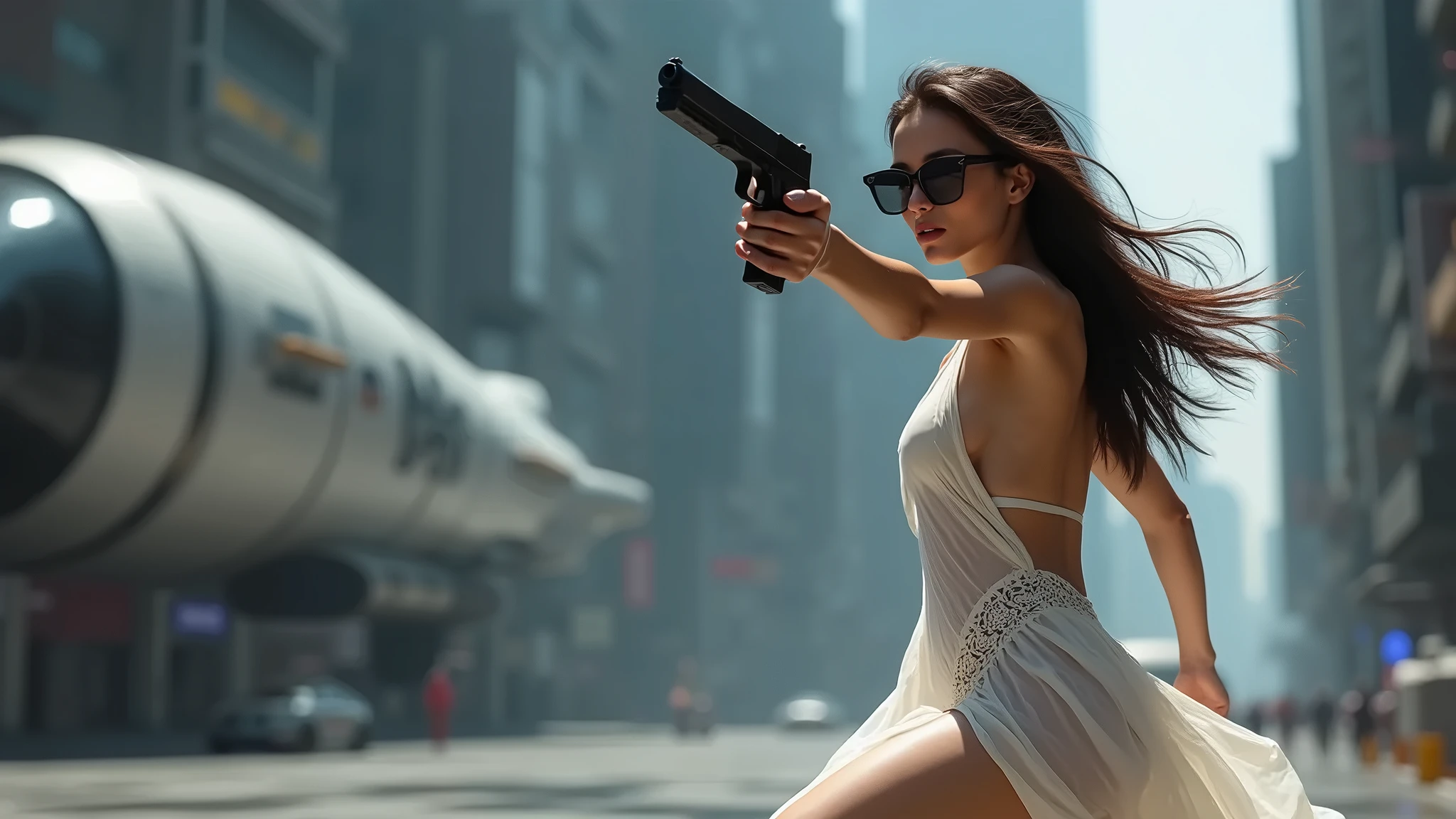 (((At night, ((very dark sunset sky)), (((1girl, solo))), a western woman, photo realistic, large-breast:1.2 slim body, cleavage, off tube top, short pleated miniskirt, standing on rooftop, (((matrix style black sunglasses))), (((aiming towards viewer with a short:0.8 pistol))), half-body thigh level medium:1.2 shot))). In the background, simple aerial view of a sci-fi futuristic city, neon light, (((flying vehicle speeding towards viewer))).