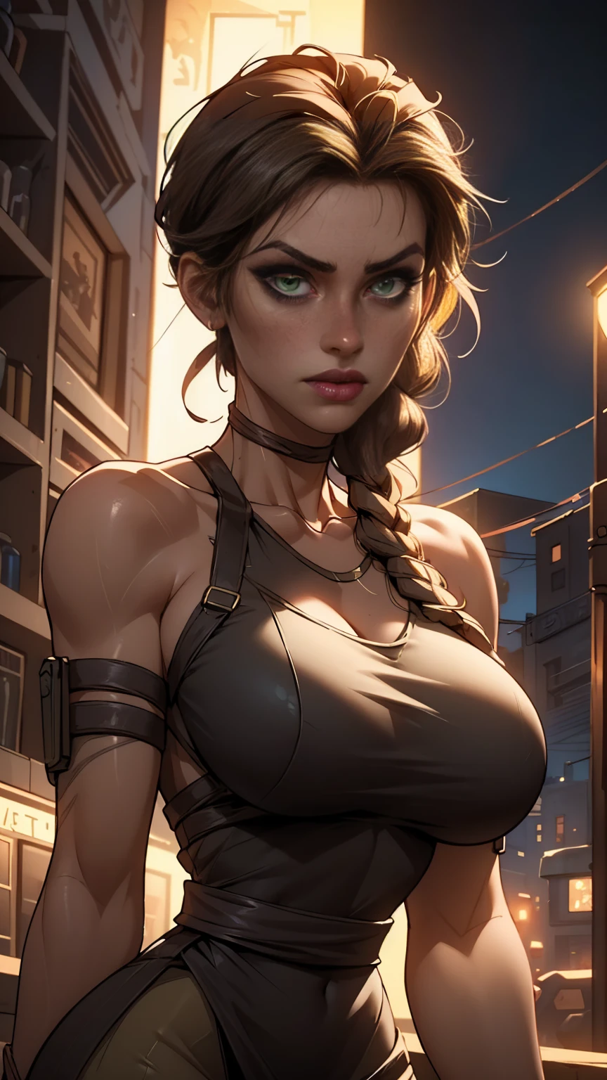 a beautiful girl, (Lara croft, tomb raider ), brown skin, portrait, makeup, super detailed, modern style, city, direct look, contoured, all body photo, fashion dress, photorealistic, high resolution, 8k, cinematic lighting, dramatic colors, warm tones, glowing skin, elegant, graceful, alluring, captivating gaze