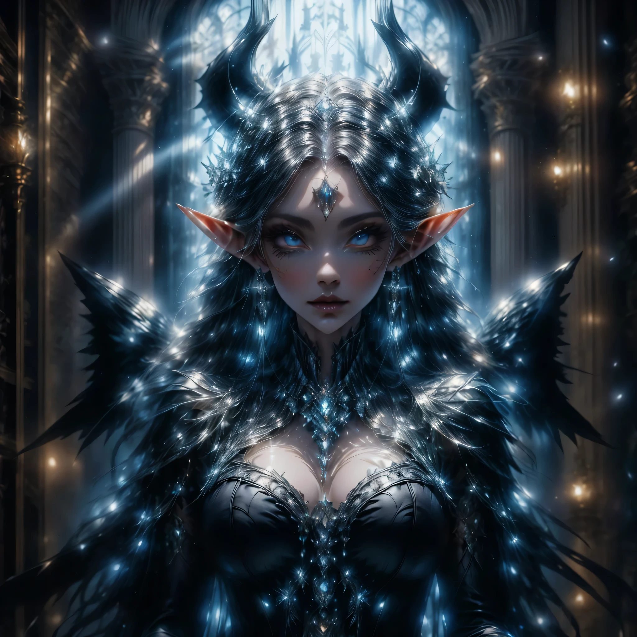 Full moon background, ((Best quality, highres), ((beautifully detailed women)), detailed elf ears, detailed eyes, long eye lashes, detailed face, detailed lips, high cheek bones, pale skin almost grey, magnificent succubus, female, large breast, big butt, hour glass figure, long black hair, demon horns, demon tail, Caucasian features, red color accents, surrounded by jewels. 