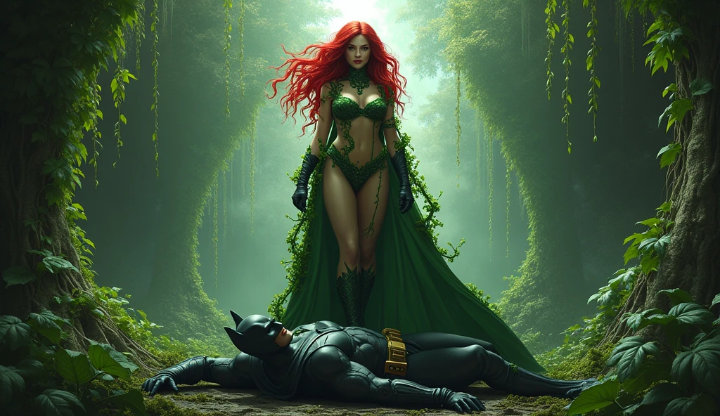 (((Poison Ivy))), (((Superman))), High quality, best quality, masterpiece, (1boy1 1girl), (hetero:1.5), mature woman, curves, long wavy redhead hair, green eyes. cleavage. (((woman wearing strapless black leotard))), woman with ahegao face