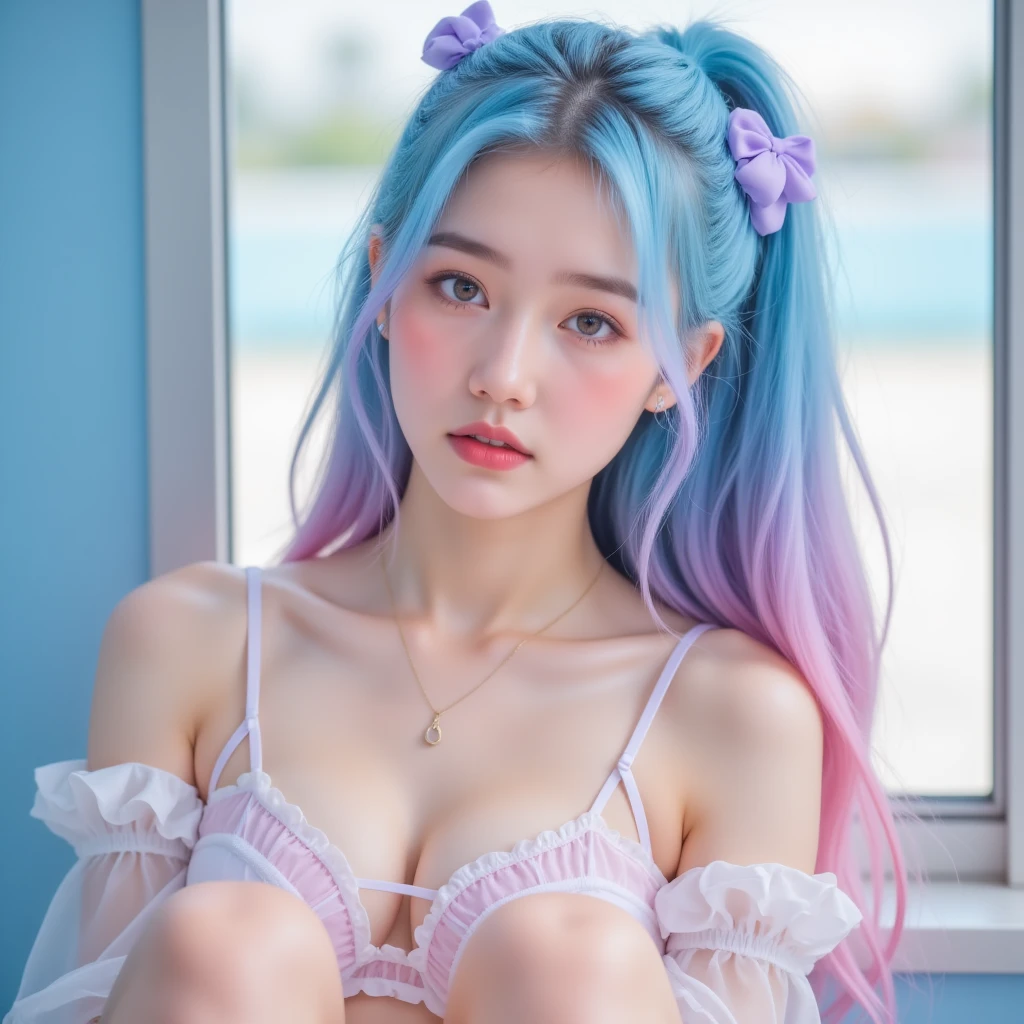 Realism，4K，Real girl, transparent leggings, [ [ blue bow  ,   pink hair , Hair gradient blue, Purple hairpin ,  the color of her underwear ,   You can take a quick look ,  It's light pink  .,Pure school, A pretty girl,