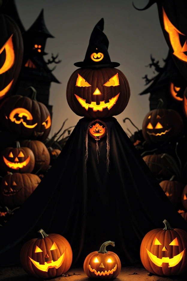 Halloween ghouls and goblins dance a merry dance to appease the Pumpkin Queen (evil, jack-o-lantern head, flame from eyes and mouth) who is seated on her throne, autumn pumpkin patch, moonlit
