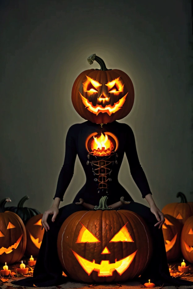 Halloween ghouls and goblins dance a merry dance to appease the Pumpkin Queen (evil, jack-o-lantern head, flame from eyes and mouth) who is seated on her throne, autumn pumpkin patch, moonlit
