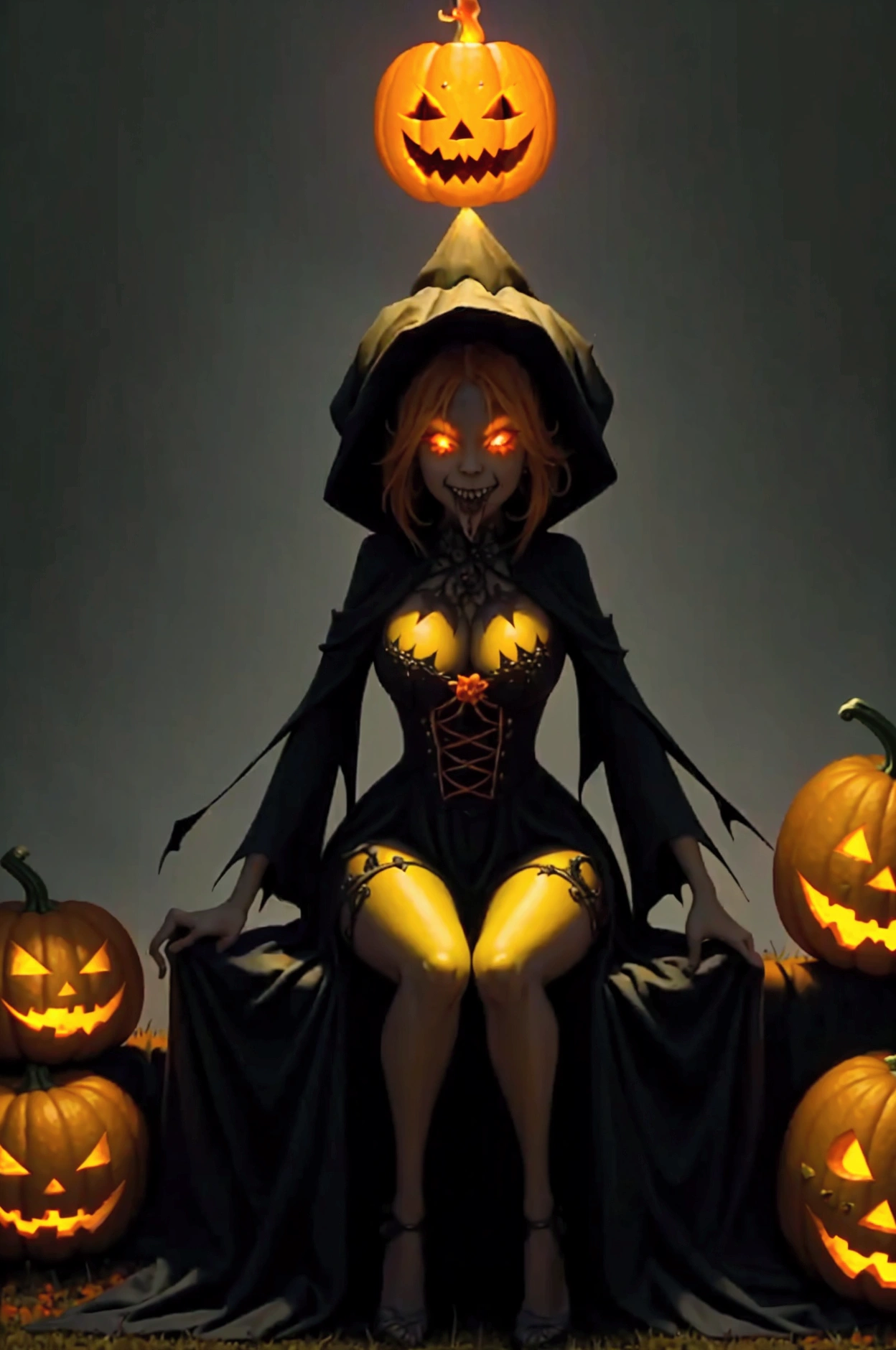 Halloween ghouls and goblins dance a merry dance to appease the Pumpkin Queen (evil, jack-o-lantern head, flame from eyes and mouth) who is seated on her throne, autumn pumpkin patch, moonlit
