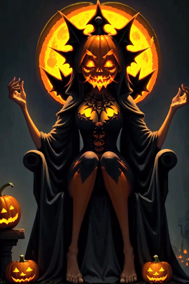 Halloween ghouls and goblins dance a merry dance to appease the Pumpkin Queen (evil, jack-o-lantern head, flame from eyes and mouth) who is seated on her throne, autumn pumpkin patch, moonlit
