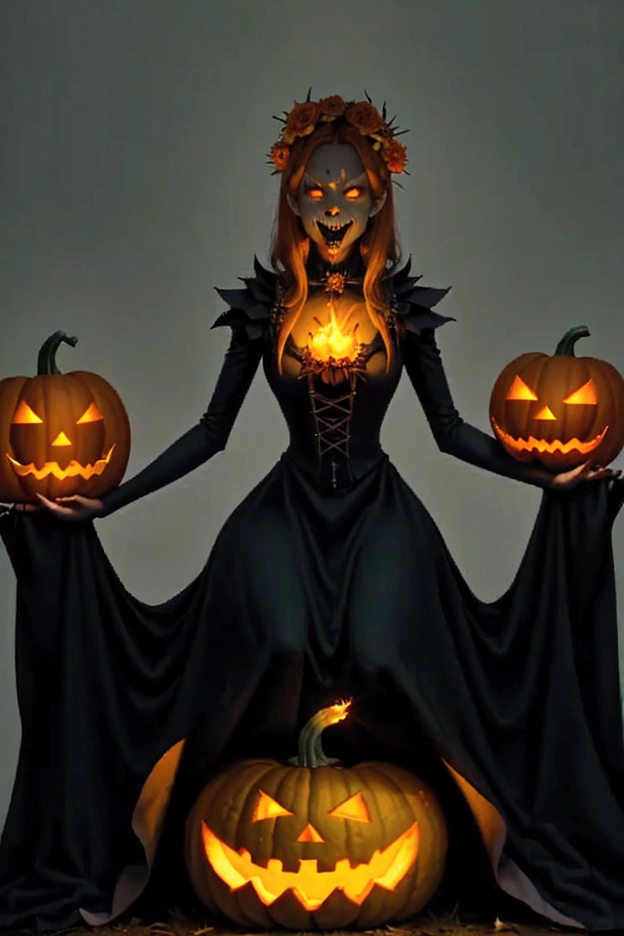 Halloween ghouls and goblins dance a merry dance to appease the Pumpkin Queen (evil, jack-o-lantern head, flame from eyes and mouth) who is seated on her throne, autumn pumpkin patch, moonlit
