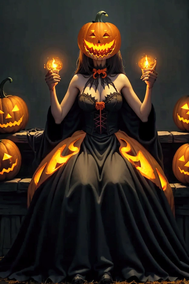 Halloween ghouls and goblins dance a merry dance to appease the Pumpkin Queen (evil, jack-o-lantern head, flame from eyes and mouth) who is seated on her throne, autumn pumpkin patch, moonlit
