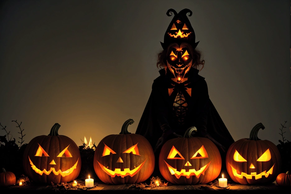 Halloween ghouls and goblins dance a merry dance to appease the Pumpkin Queen (evil, jack-o-lantern head, flame from eyes and mouth) who is seated on her throne, autumn pumpkin patch, moonlit
