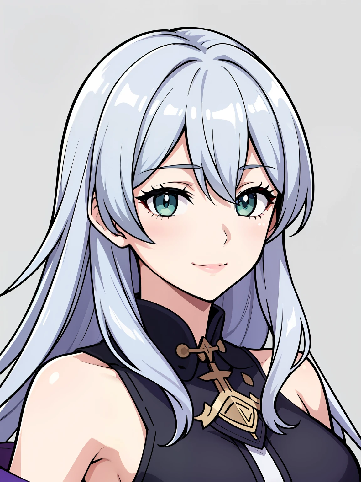 (high-quality, breathtaking),(expressive eyes, perfect face) 1girl, female, portrait, solo, young adult, neutral expression, cute smile, Symmetrical Eyes, Symmetrical ears, grey background, mercenary, gauntlet, cape, long hair, wavy spiky hair, fire emblem three houses art style, white hair, green eyes
