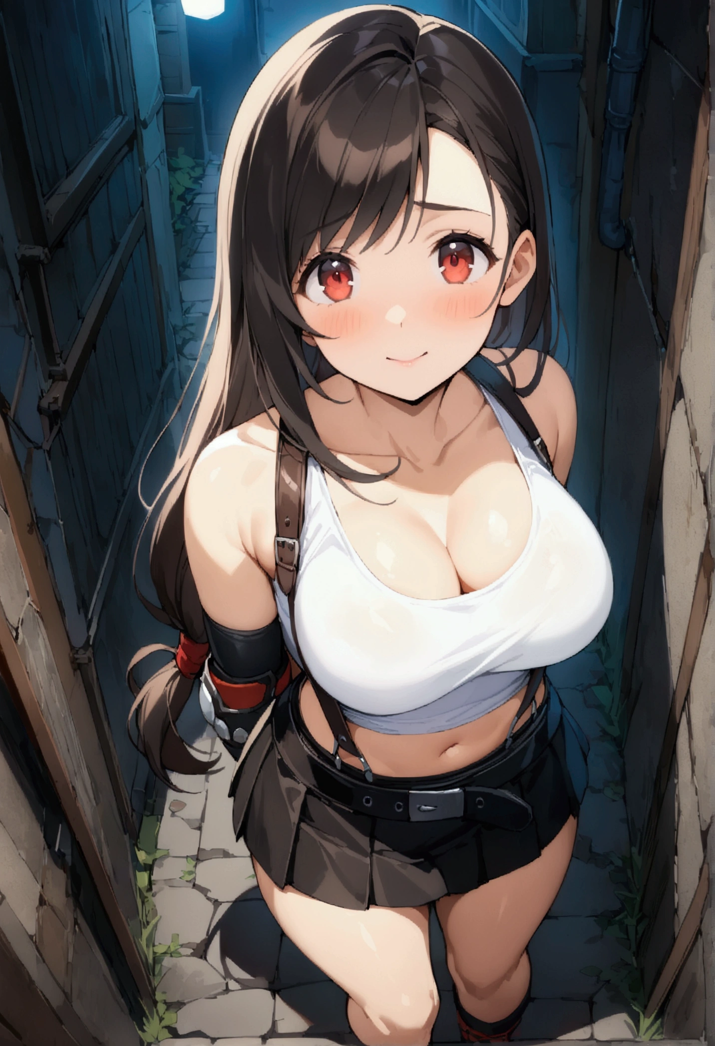 score_9, score_8_up, score_7_up,score_6, score_5,4k, ,BREAK , (from front,),breast focus,standing,straight-on,,ShirtUp, nipples,(upperbody),looking_at_viewer ,1girl, tifa lockhart, final fantasy, tareme,black hair, low-tied long hair, red eyes, bangs, white tank top, belt, pleated skirt, thighhighs, elbow fingerless gloves, elbow pads,midriff,navel,suspender skirt ,large_breasts,(light smile),Curvy waist,,Solo,,(daytime and  city),Toned,,detailed skin,(best quality),aesthetic,very aesthetic,UHD,HDR,intricate detailed:,(Soft-shaded anime style daytime scene),Gradients and Highlights,highly detailed,sharp focus,depth of field,,professional lighting,cinematic lighting,    