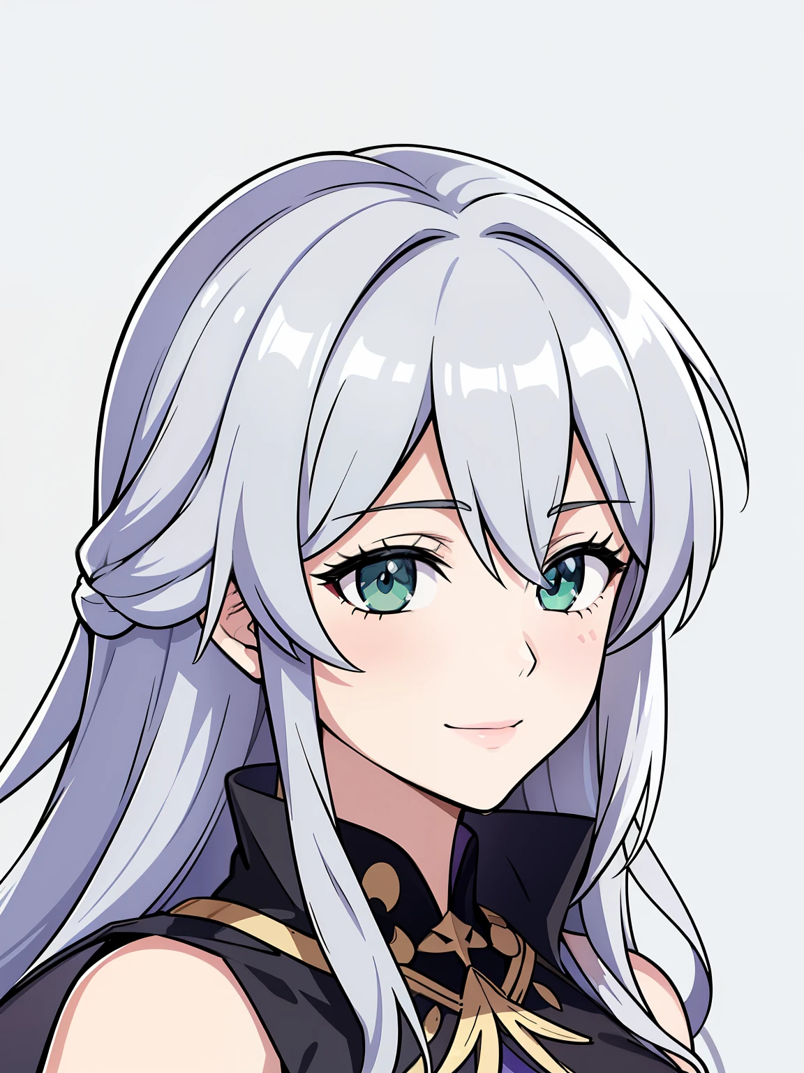 (high-quality, breathtaking),(expressive eyes, perfect face) 1girl, female, portrait, solo, young adult, neutral expression, cute smile, Symmetrical Eyes, Symmetrical ears, grey background, mercenary, gauntlet, cape, long hair, wavy spiky hair, fire emblem three houses art style, white hair, green eyes
