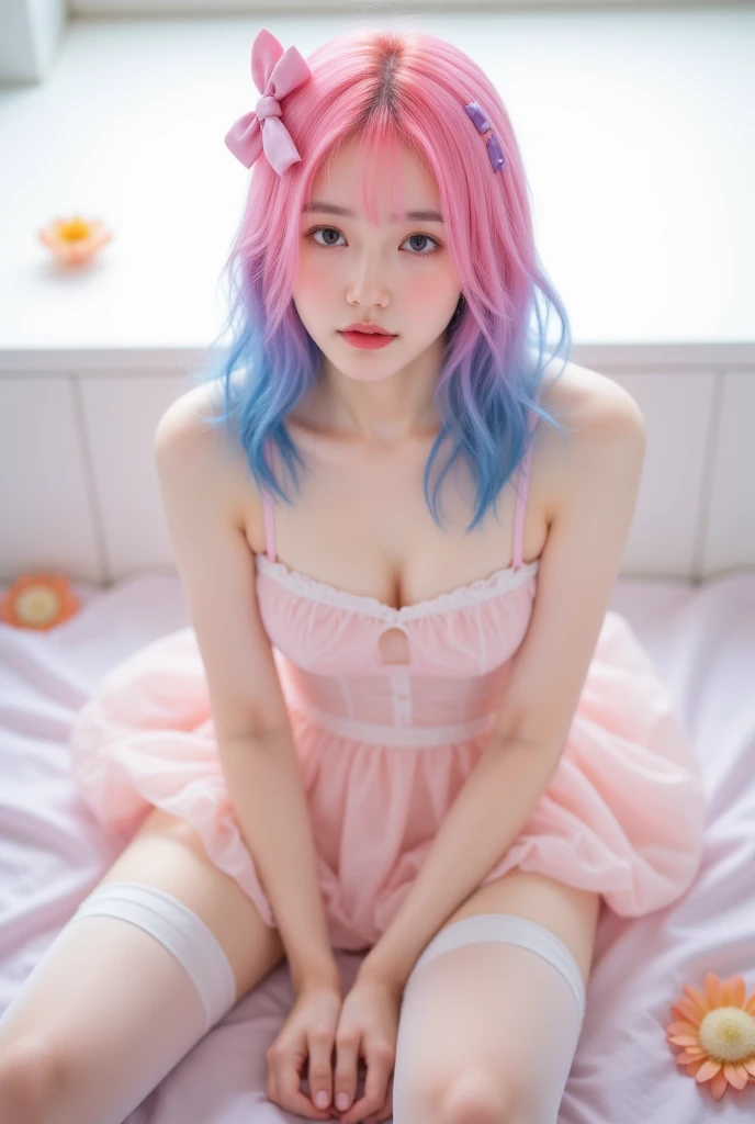 Realism，4K，Real girl, transparent leggings, [ [ blue bow  ,   pink hair , Hair gradient blue, Purple hairpin ,  the color of her underwear ,   You can take a quick look ,  It's light pink  .,Pure school, A pretty girl,thigh