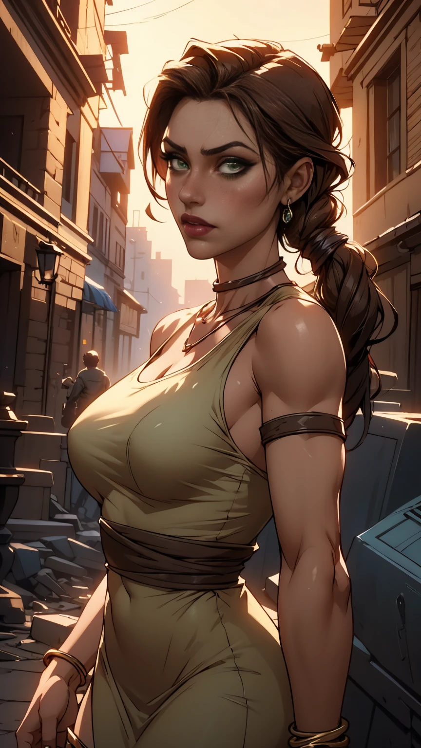 a beautiful girl, (Lara croft, tomb raider ), brown skin, portrait, makeup, super detailed, modern style, city, direct look, contoured, all body photo, fashion dress, photorealistic, high resolution, 8k, cinematic lighting, dramatic colors, warm tones, glowing skin, elegant, graceful, alluring,( sensual and captivating gaze), Rings, earrings, bracalets, pendants