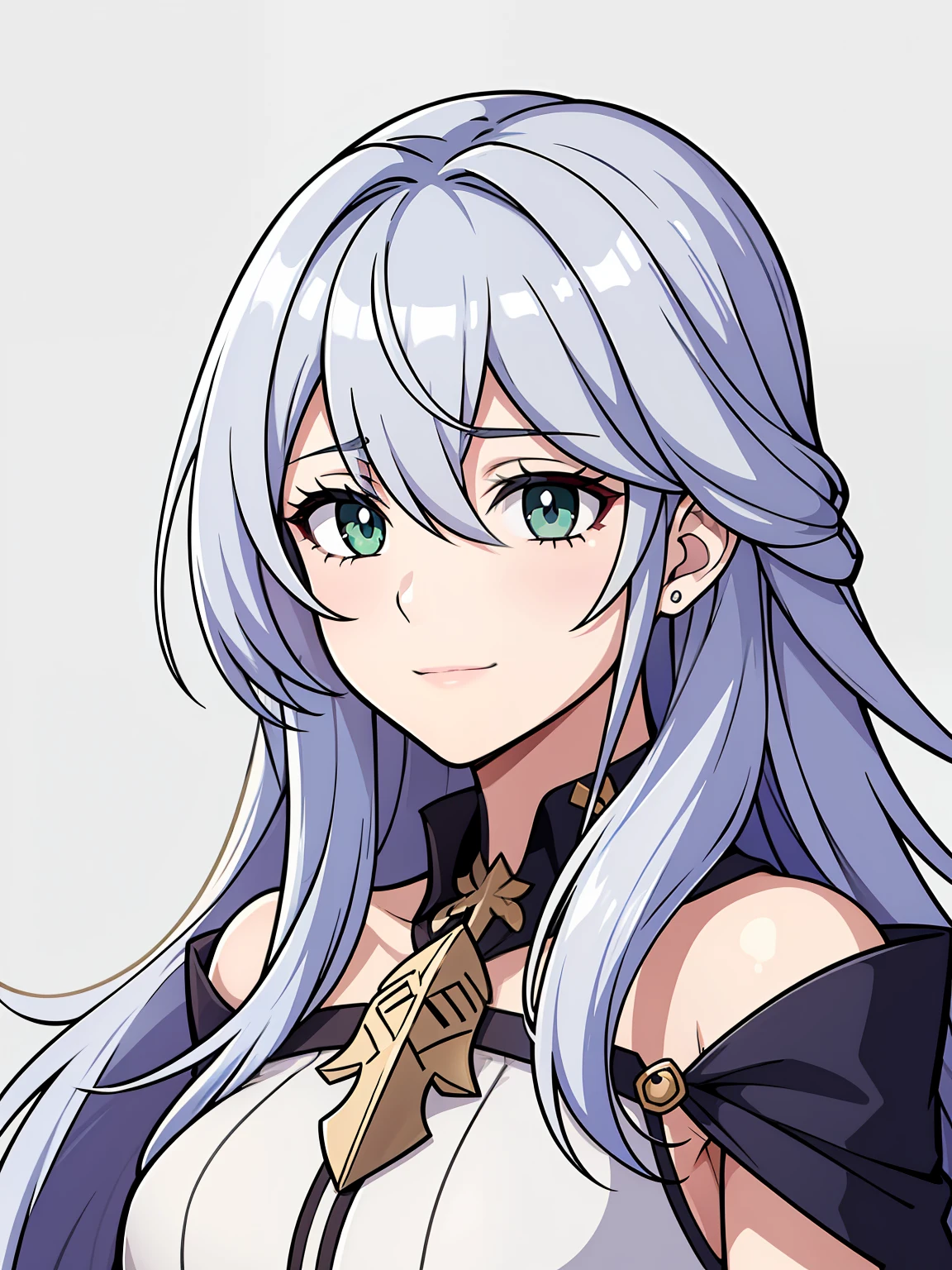 (high-quality, breathtaking),(expressive eyes, perfect face) 1girl, female, portrait, solo, young adult, neutral expression, cute smile, Symmetrical Eyes, Symmetrical ears, grey background, mercenary, gauntlet, cape, long hair, wavy spiky hair, fire emblem three houses art style, white hair, green eyes, upper body
