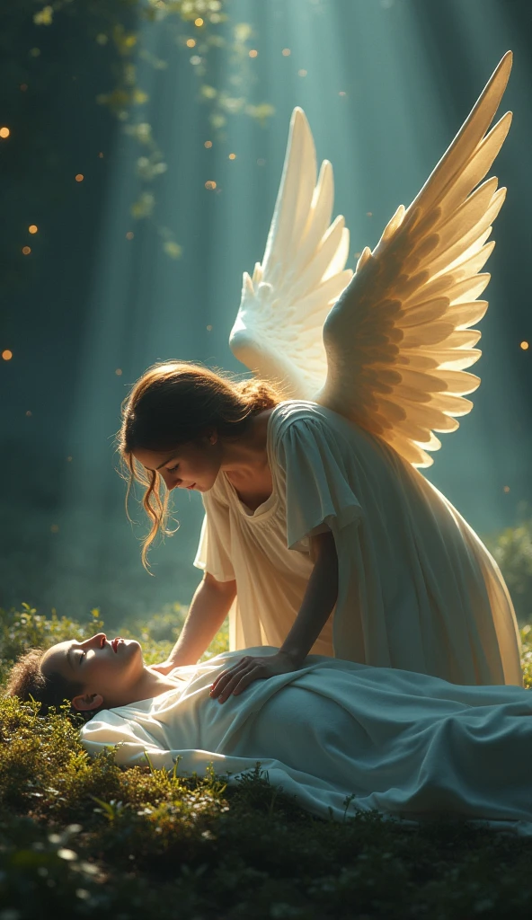 They are embracing each other with wings on their shoulders, Taylor Swift as a heavenly angel, angel protecting woman, angel-themed, angelic, wings of great angel, 2 angels, still from a music video, angel protecting man, to understand hell or go angelic, music video, to understand hell or sound angelic, a still of an ethereal, cinematic lighting,  8k, low light
