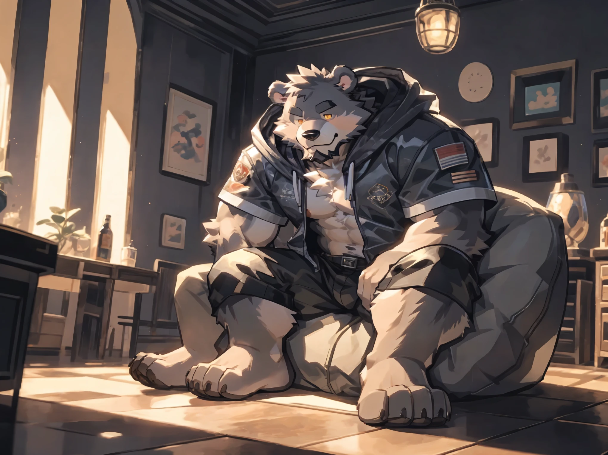 extremely detailed, detailed face, detailed eyes, detailed muscle, (view full body), ((1man)), ((furry bear)), (object (big muscular old man soldier sitting resting in the ruins of the building)), the old man is soldier and wearing soldier uniform, old man (facial hair, beaded, white beard, battel scar face, short hair, white hair, strong character, strong muscle), (background ((waster land, post-apocalypse, ruined city))), (photography (50mm lens, cinematic, cinematic color))