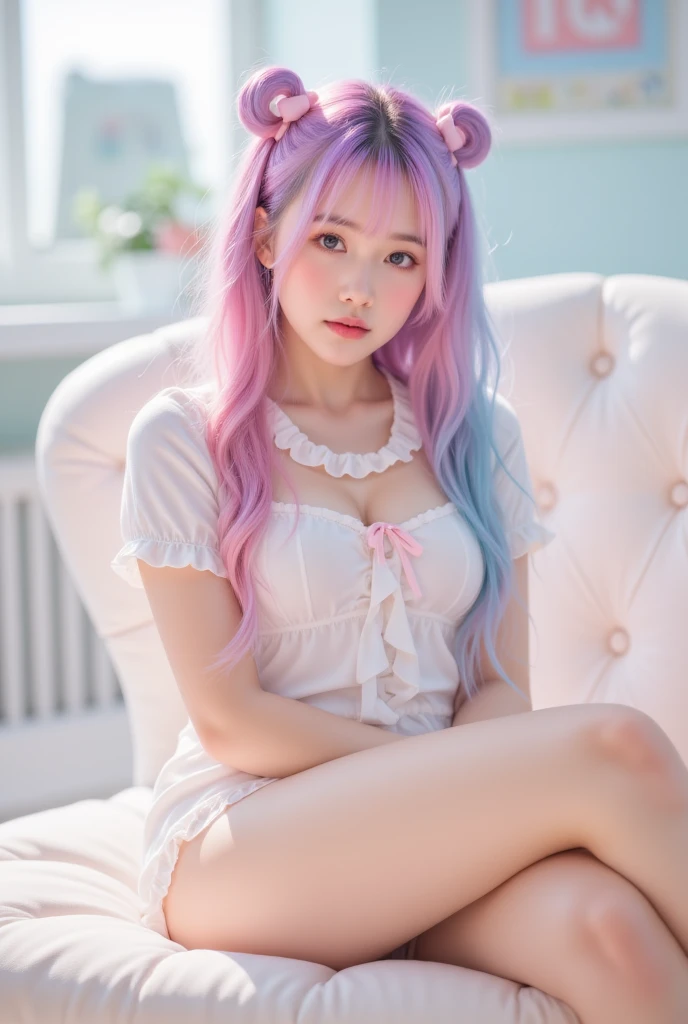 Realism，4K，Real girl, transparent leggings, [ [ blue bow  ,   pink hair , Hair gradient blue, Purple hairpin ,  the color of her underwear ,   You can take a quick look ,  It's light pink  .,Pure school, A pretty girl,thigh