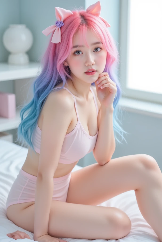 Realism，4K，Real girl, transparent leggings, [ [ blue bow  ,   pink hair , Hair gradient blue, Purple hairpin ,  the color of her underwear ,   You can take a quick look ,  It's light pink  .,Pure school, A pretty girl,thigh