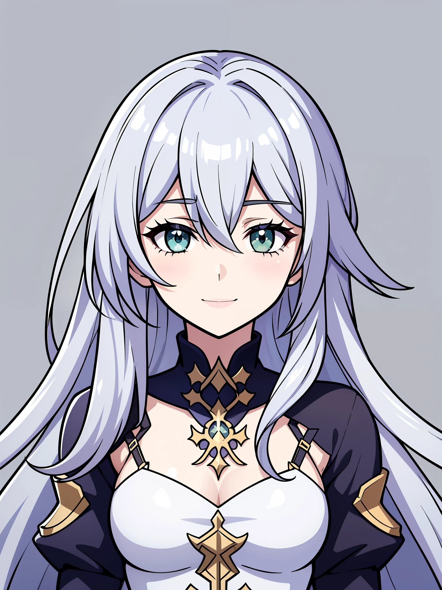 (high-quality, breathtaking),(expressive eyes, perfect face) 1girl, female, portrait, solo, young adult, neutral expression, cute smile, Symmetrical Eyes, Symmetrical ears, grey background, mercenary, gauntlet, cape, long hair, wavy spiky hair, fire emblem three houses art style, white hair, green eyes
