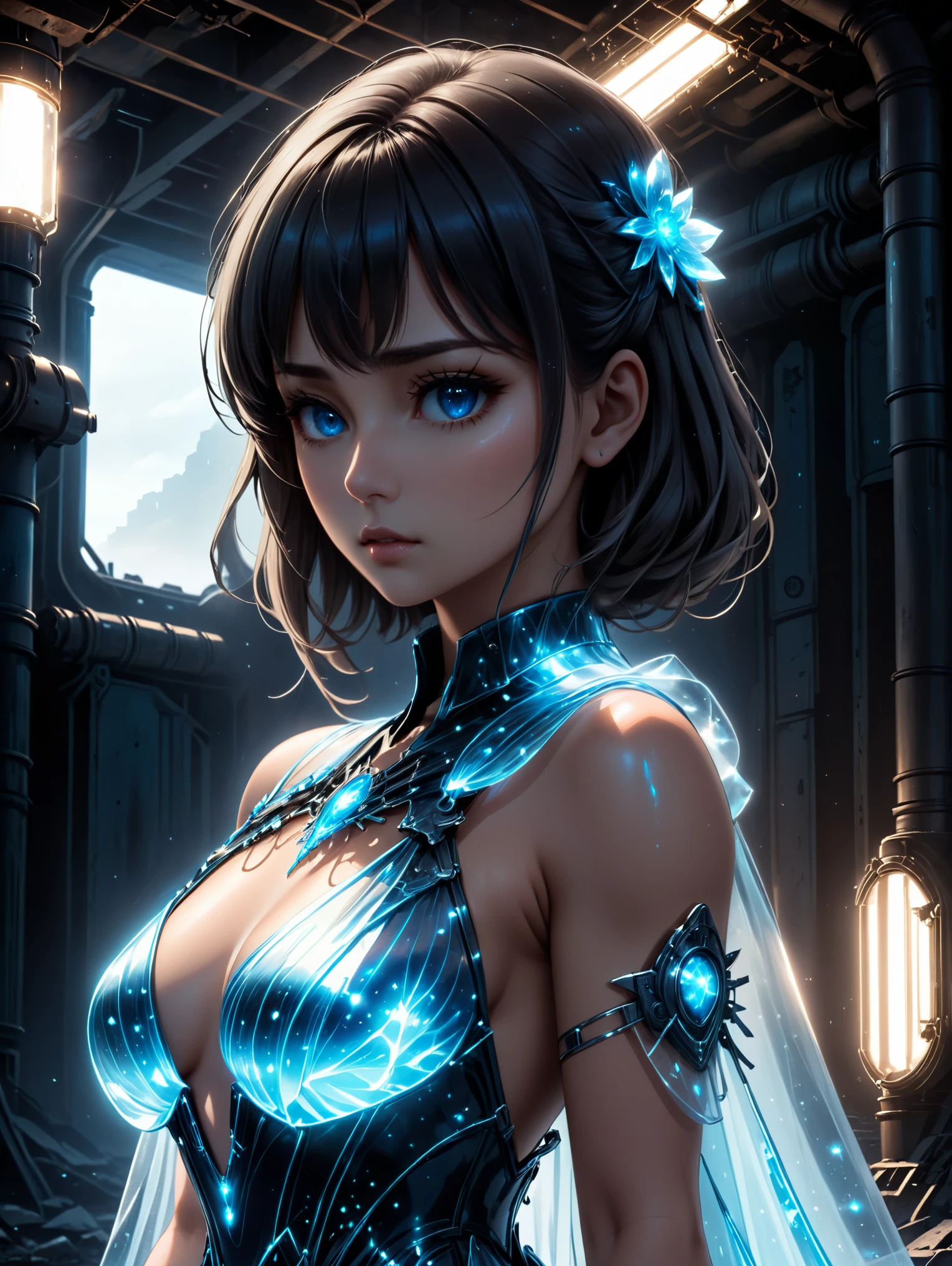 This is an artistic digital illustration portraying the bust of a female figure with cybernetic enhancements and an elaborate mechanical headdress. The figure's facial expression is passive yet intense, with striking red eyes and blue makeup accentuating her features against the contrasting cool metallic tones of the machinery. Rich in detail, the artwork blends organic and mechanical aesthetics, combining smooth human skin with intricate gears, wires, and dripping.
