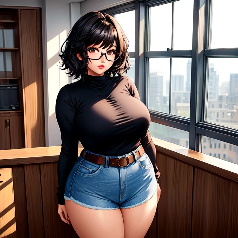 A cute sleepy petite short skinny wide hips emo girl, short wild volumetric hair, one wearing glasses, beautiful detailed brown eyes, cutely detailed lips, extremely cute detailed eyes and face, wide curvy pearshaped hips, thick thighs, long sleeve turtleneck t-shirt tucked in belted long jeans, full body photo, masterpiece, photorealistic, 8k, vivid colors, studio lighting, professional, standing in classroom,1girl, 