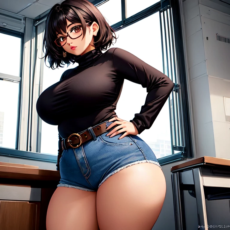 A cute sleepy petite short skinny wide hips emo girl, short wild volumetric hair, one wearing glasses, beautiful detailed brown eyes, cutely detailed lips, extremely cute detailed eyes and face, wide curvy pearshaped hips, thick thighs, long sleeve turtleneck t-shirt tucked in belted long jeans, full body photo, masterpiece, photorealistic, 8k, vivid colors, studio lighting, professional, standing in classroom,1girl, 