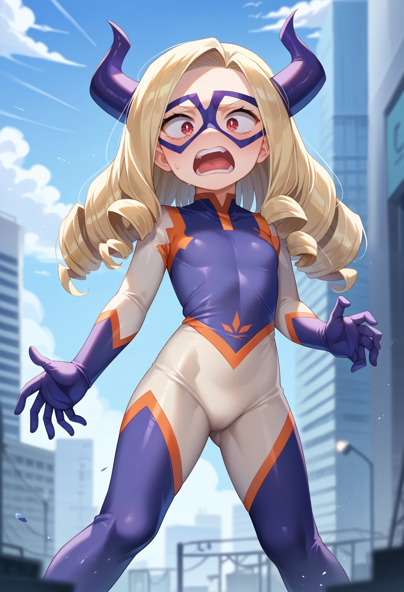 score_9, score_8_up, score_7_up, 1girl, solo, (loli:1.5), flat chest, oversized bodysuit, mt_lady, red eyes, blonde hair, medium hair, drill hair, domino mask, bodysuit, skintight, gloves, shaking, standing, shocked, screaming, looking down, modern city, AgeRegression, Oversized Clothes
