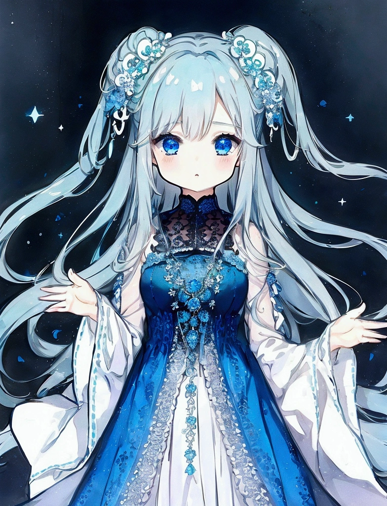 A woman，Chibi，Long ears，cute，Very energetic ，（戴着十字型的cute饰品:1,3），（Hold Slime with both hands:1,4）， eye color ocean blue ，Big eyes， light blue western lace trim dress， Comfortable， tall, long hair ，Light blue hair，high quality， high resolution，thick outline ， simple background