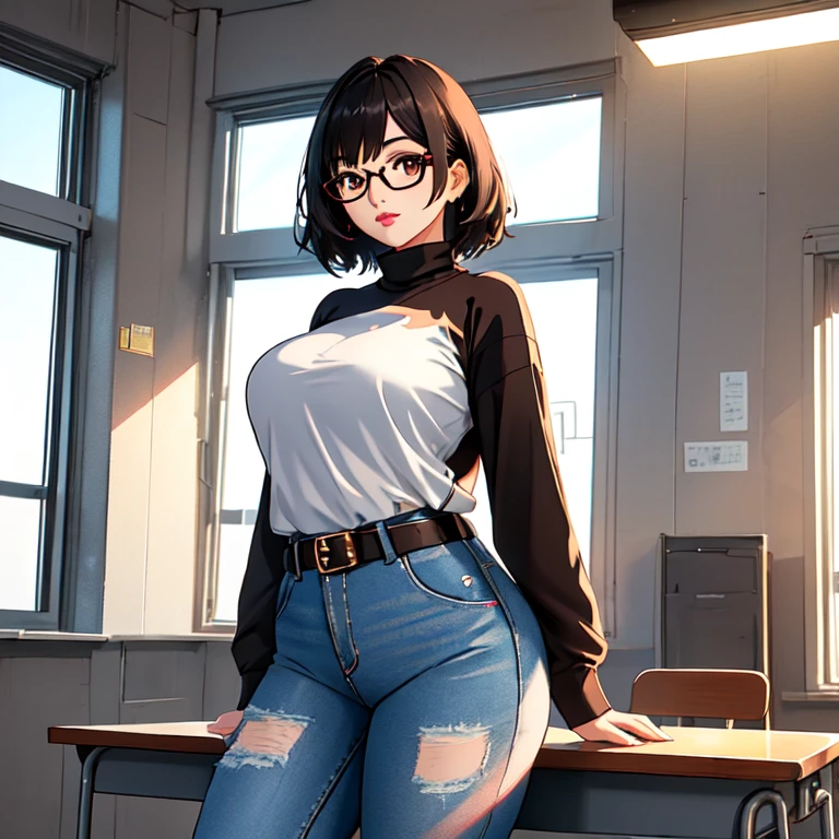 A cute sleepy petite short skinny wide hips emo girl, short wild volumetric hair, one wearing glasses, beautiful detailed brown eyes, cutely detailed lips, extremely cute detailed eyes and face, wide curvy pearshaped hips, thick thighs, long sleeve turtleneck t-shirt tucked in belted long jeans, full body photo, masterpiece, photorealistic, 8k, vivid colors, studio lighting, professional, standing in classroom,1girl, 