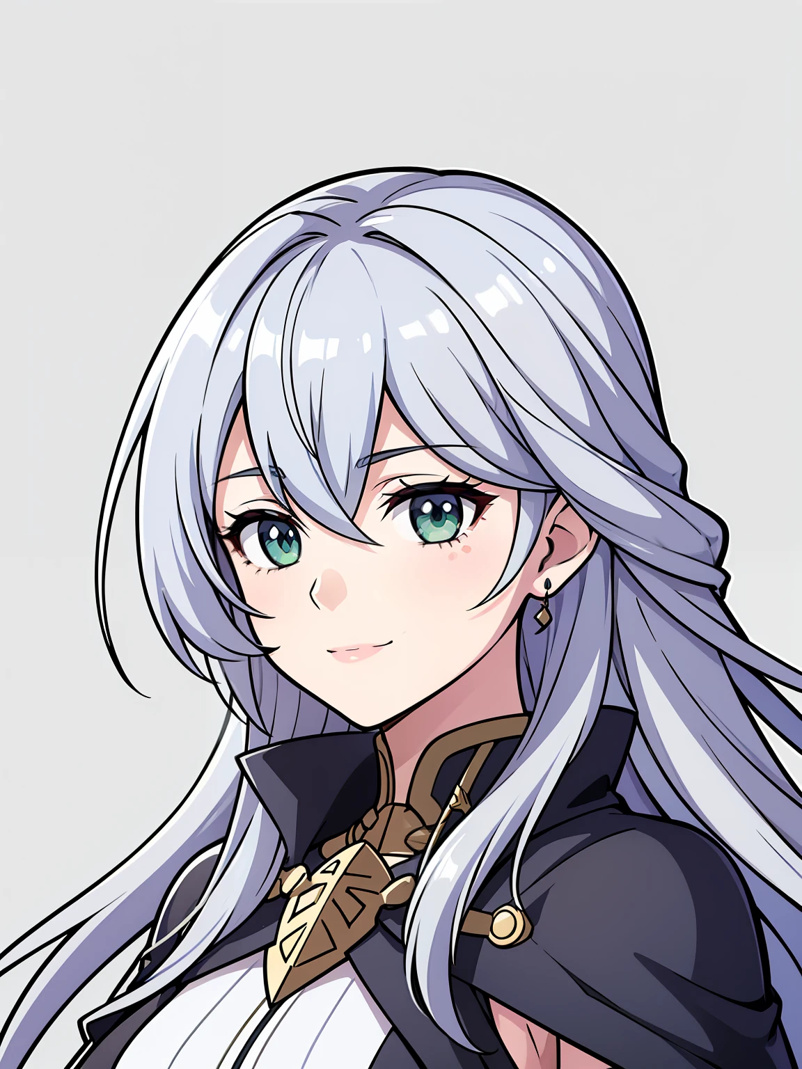 (high-quality, breathtaking),(expressive eyes, perfect face) 1girl, female, portrait, solo, young adult, neutral expression, cute smile, Symmetrical Eyes, Symmetrical ears, grey background, mercenary, gauntlet, cape, long hair, wavy spiky hair, fire emblem three houses art style, white hair, green eyes
