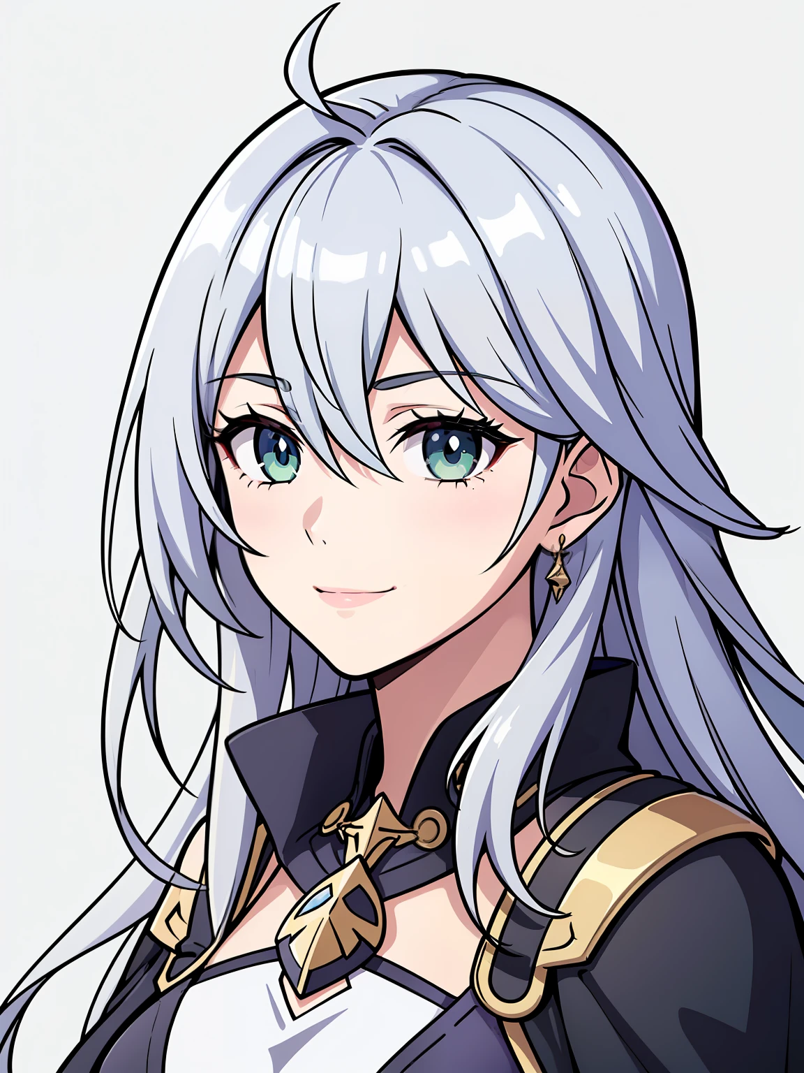 (high-quality, breathtaking),(expressive eyes, perfect face) 1girl, female, portrait, solo, young adult, neutral expression, cute smile, Symmetrical Eyes, Symmetrical ears, grey background, mercenary, gauntlet, cape, long hair, wavy spiky hair, fire emblem three houses art style, white hair, green eyes
