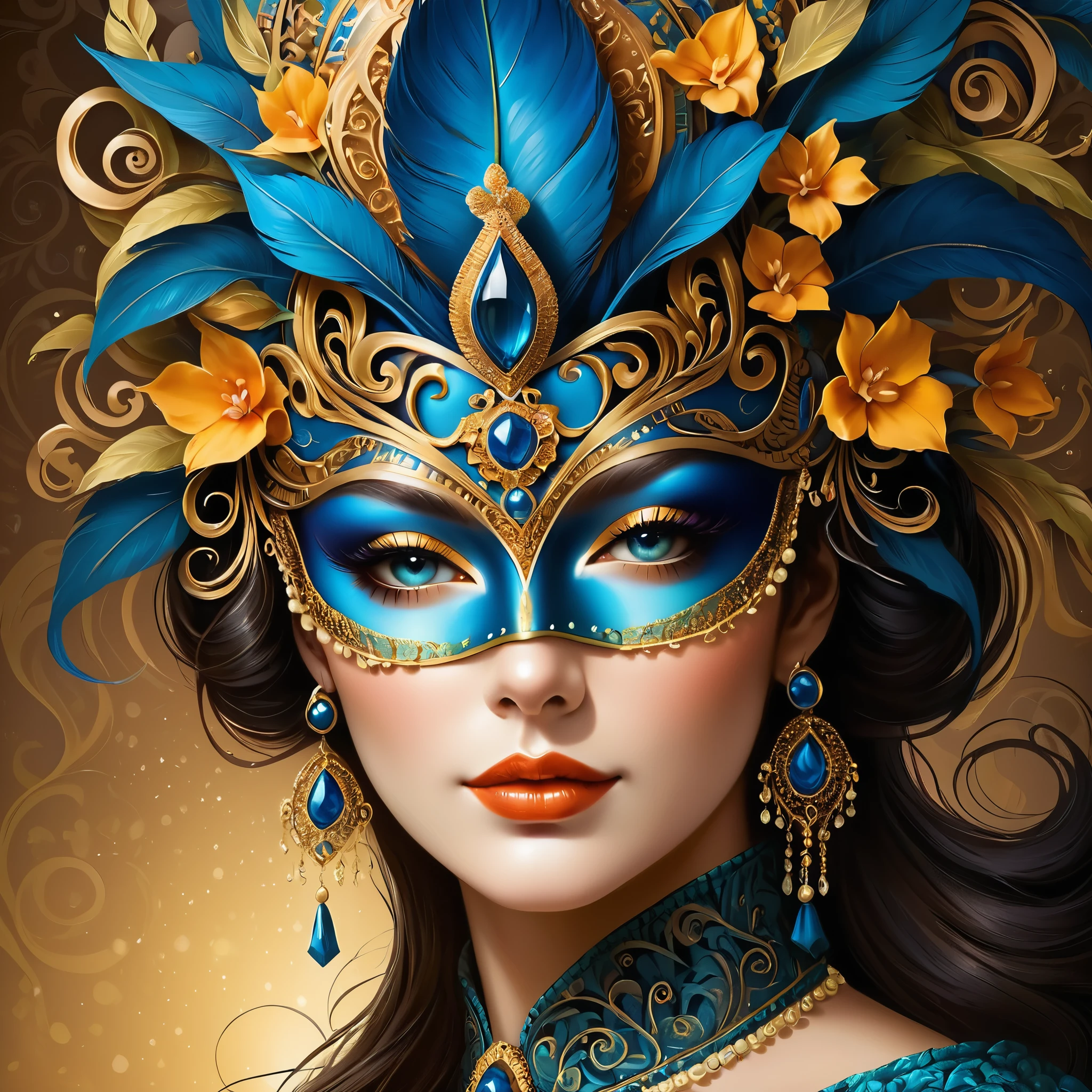  Portrait of a woman wearing a richly decorated ball mask. The mask has a high level of detail and elegant style . The design creates an atmosphere of mystery, Fantasy, and magic.