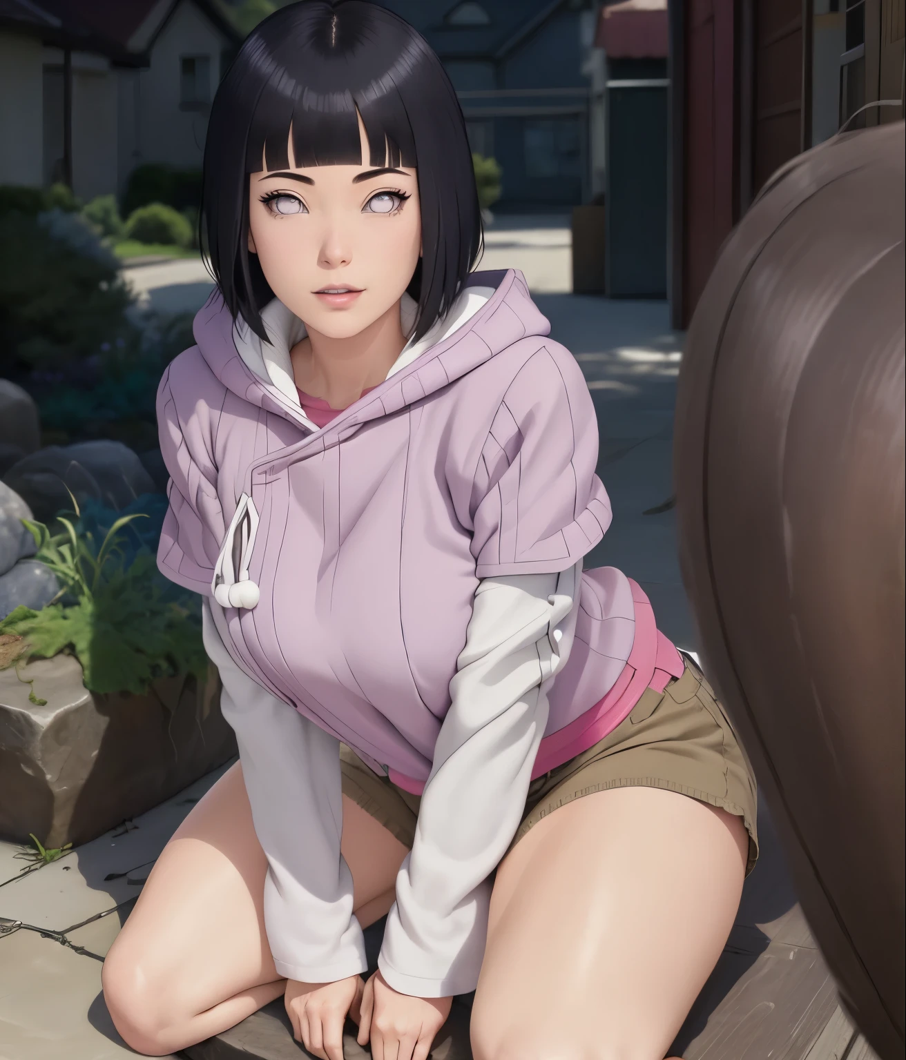 master part, absurderes, hinata\(boruto\), 1 girl, standing alone,mature woman, Purple sweatshirt,layered sleeves, brown jeans, Full ar, cloudy sky, perfect composition, circumstantial lips, large breasted, Face pretty, Body Proportion, blush, (pink lips), short black hair (Bblack hair), Lilac Eyes, smooth appearance, super realistico, circunstanciado, photoshoot, realistic face and body, realistic hair, realisticeyes, realistic nose, realistic lips, brown jeans, lively, dancing lightly. on your back, with chin under shoulder, looking back sensually, sorriso sexually, open mouth. Different posture, sexually.