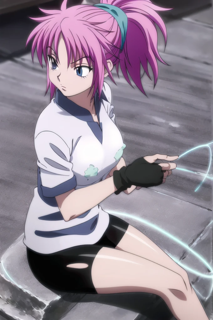 machi,1girl, ponytail, (show off breast), detailed nipples, torn short kimono, obi,, fingerless gloves, bike shorts, solo, ,glowing threads,  sitting,