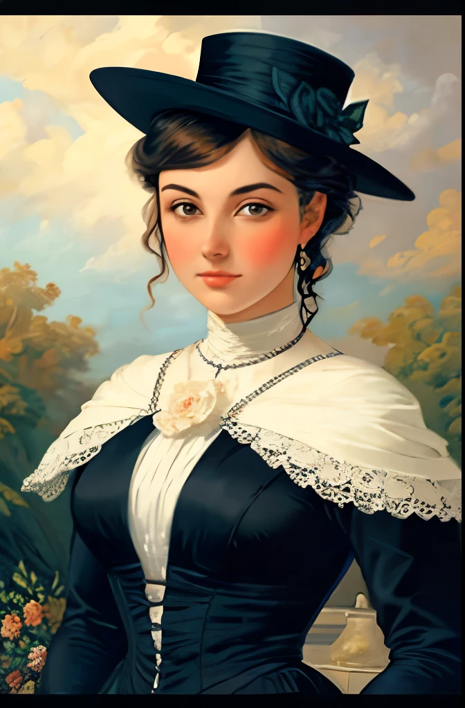 a painting of a woman in a black dress and hat, victorian lady, a beautiful victorian woman, fantasy victorian art, elegant portrait, victorian female portrait, victorian era painting, beautiful character painting, elegant oil painting, elegant digital painting, inspired by Franz Xaver Winterhalter, in victorian aristocrat, elegant lady with alabaster skin, an elegant woman in black dress