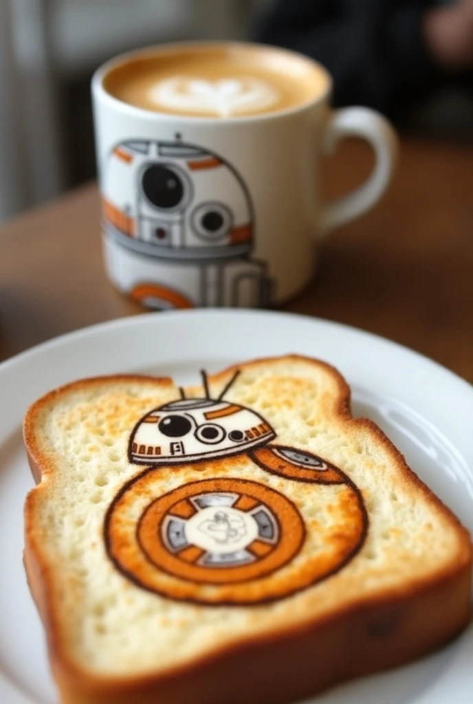 There is a slice of toasted bread on a white plate.
The bread has a cute illustration of BB-8 on it.
There is a coffee mug with a picture of R-2B2 in the background. Star Wars latte art, breakfast atmosphere.