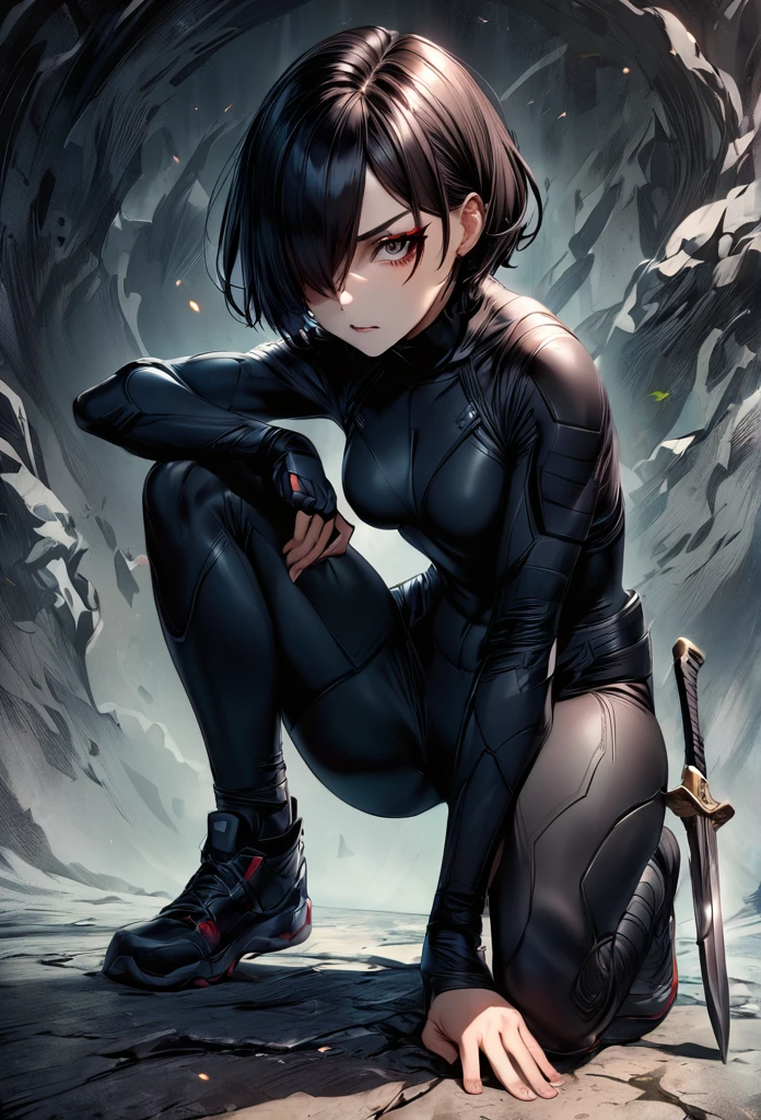 1girl, Alone, ((very very short hair)), black hair, hair over one eye, crouch with one knee up, black ninja suit, serious face, small breasts, black mask, eye liner, black background, Hold a dagger in your right hand, 