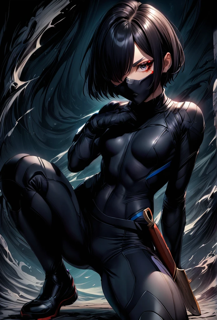 1girl, Alone, ((very very short hair)), black hair, hair over one eye, crouch with one knee up, black ninja suit, serious face, small breasts, black mask, eye liner, black background, Hold a dagger in your right hand, 