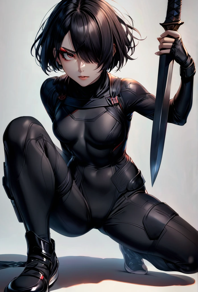 1girl, Alone, ((very very short hair)), black hair, hair over one eye, crouch with one knee up, black ninja suit, serious face, small breasts, black mask, eye liner, black background, Hold a dagger in your right hand, 