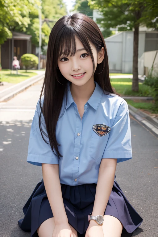 High quality masterpiece, 8k, ,  Japanese girl , RAW Photos,              absurd, Winner portrait smile face, 笑face, Alone, uniform, Summer Clothes Idol&#39;face, violet, Gardenia, Delicate girl,                      long black hair                    , Dark Eyes, Upper body digital SLR,                 Observe the Audience, Frank, Sophisticated, Like々Shii, Thin arms,              Professional lighting that sticks forward       ,                film grain             ,  chromatic ablation, (Details of the eye and face: 1.0), (Bokeh button:1.1)